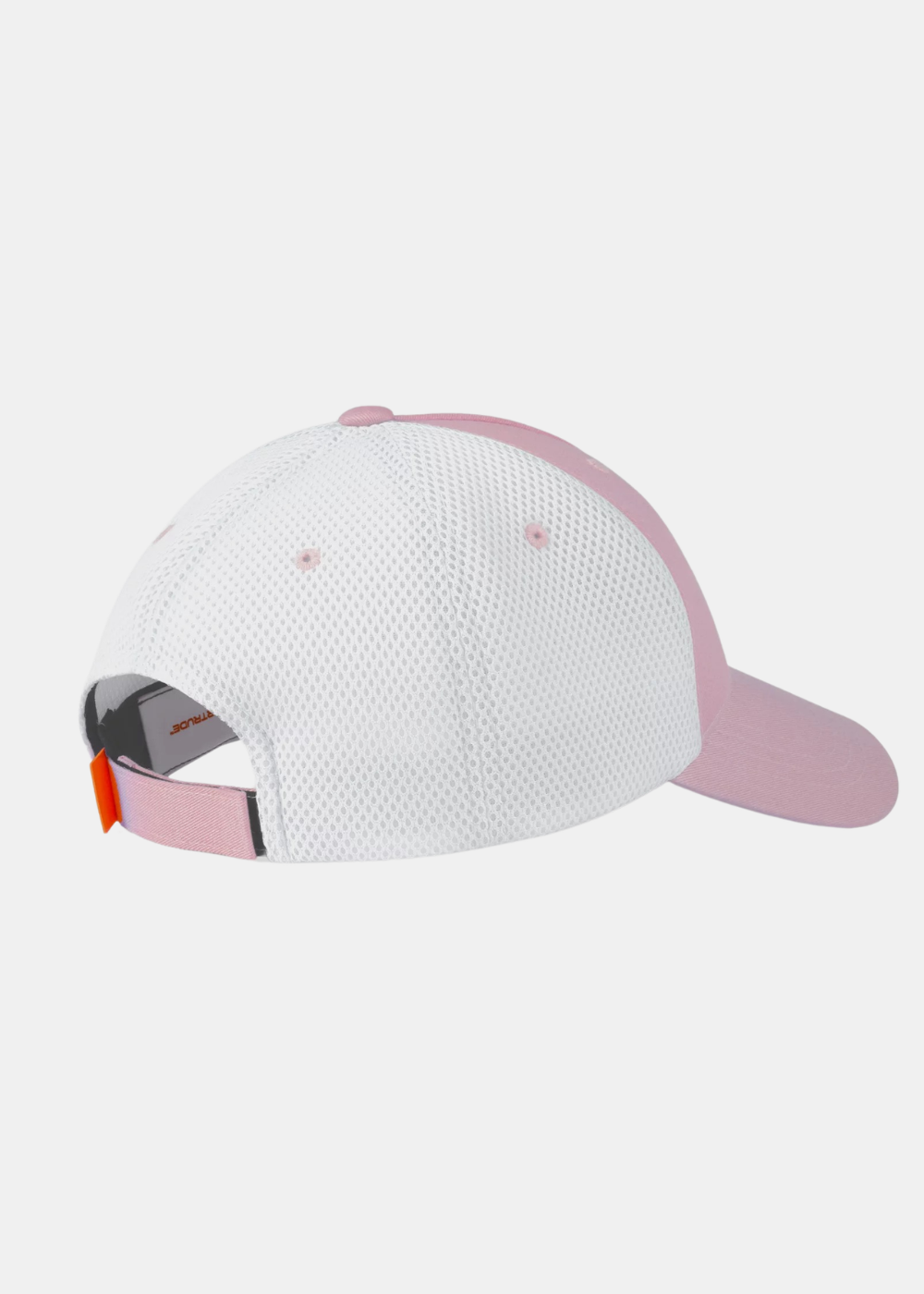 Vue arrière trois-quarts gauche de la casquette trucker Gertrude rose et blanche montrant la patte d'ajustement rose et la étiquette orange