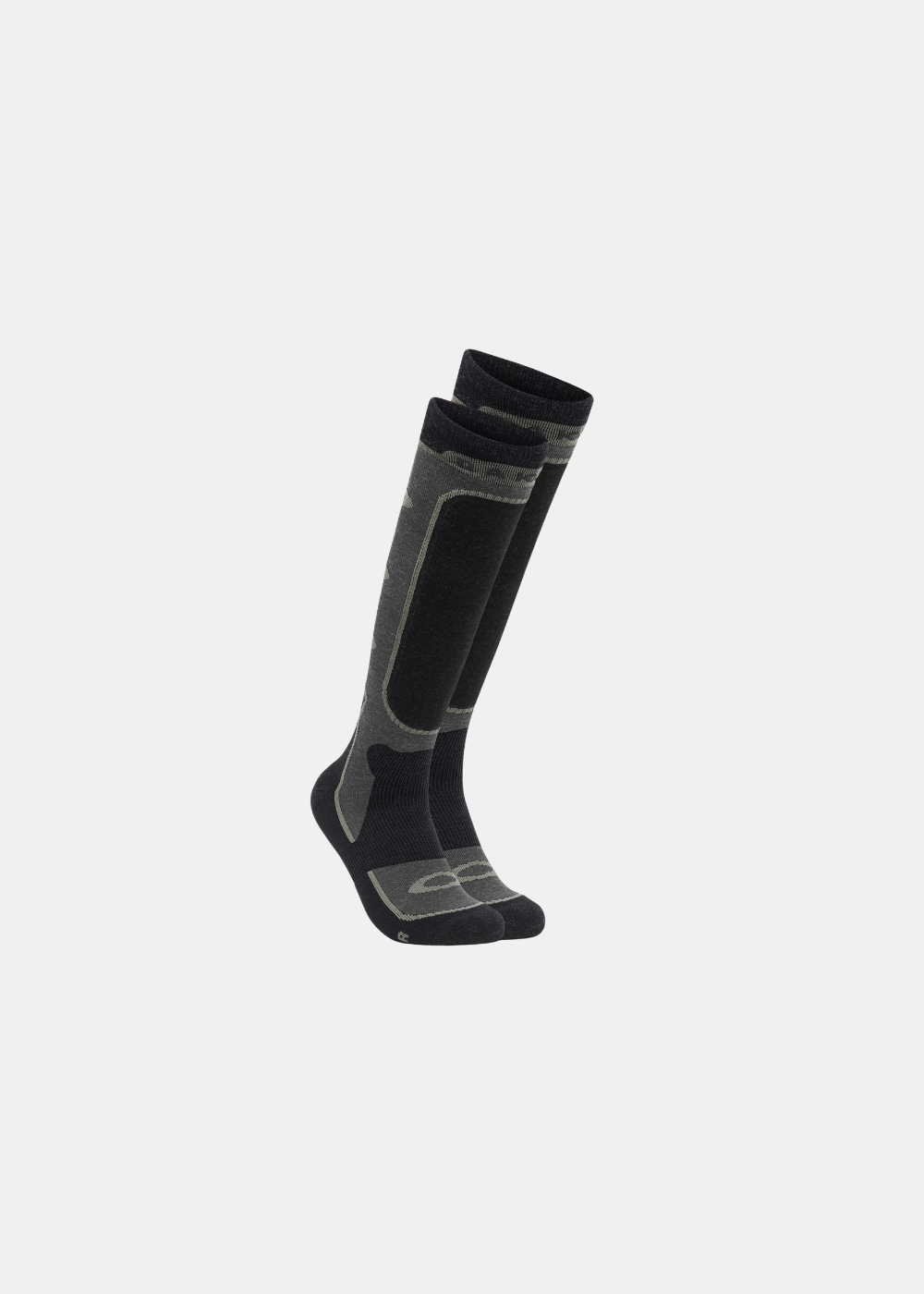 Packshot de profil avant des chaussettes de ski en laine mérinos Oakley Patrol gris et noir