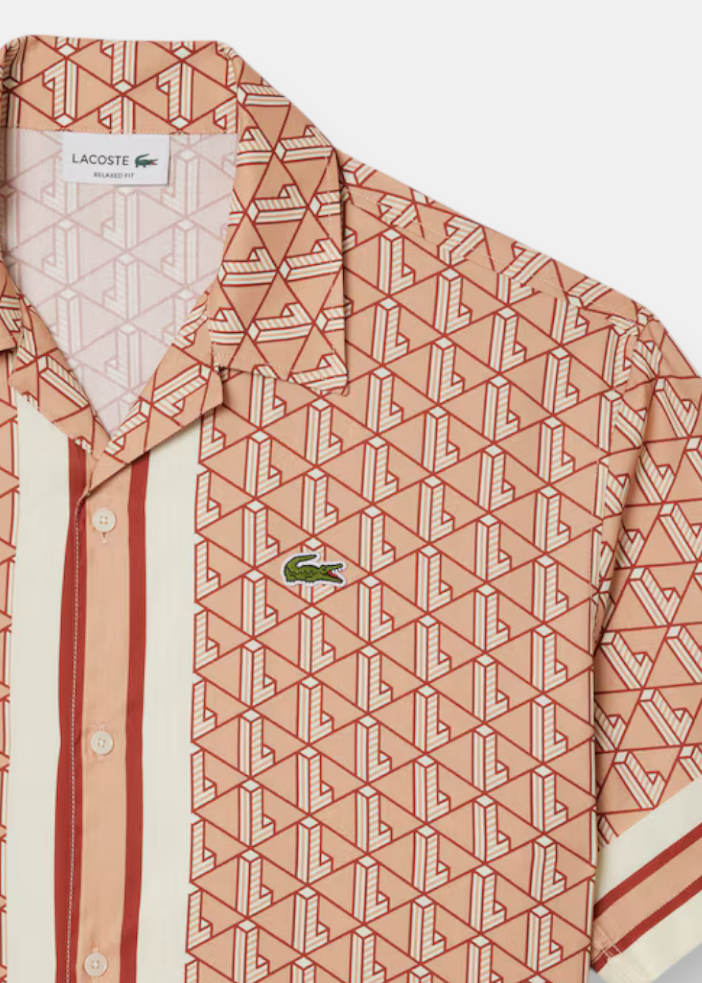 chemise Lacoste monogramme beige et rouge cuivré en détail 