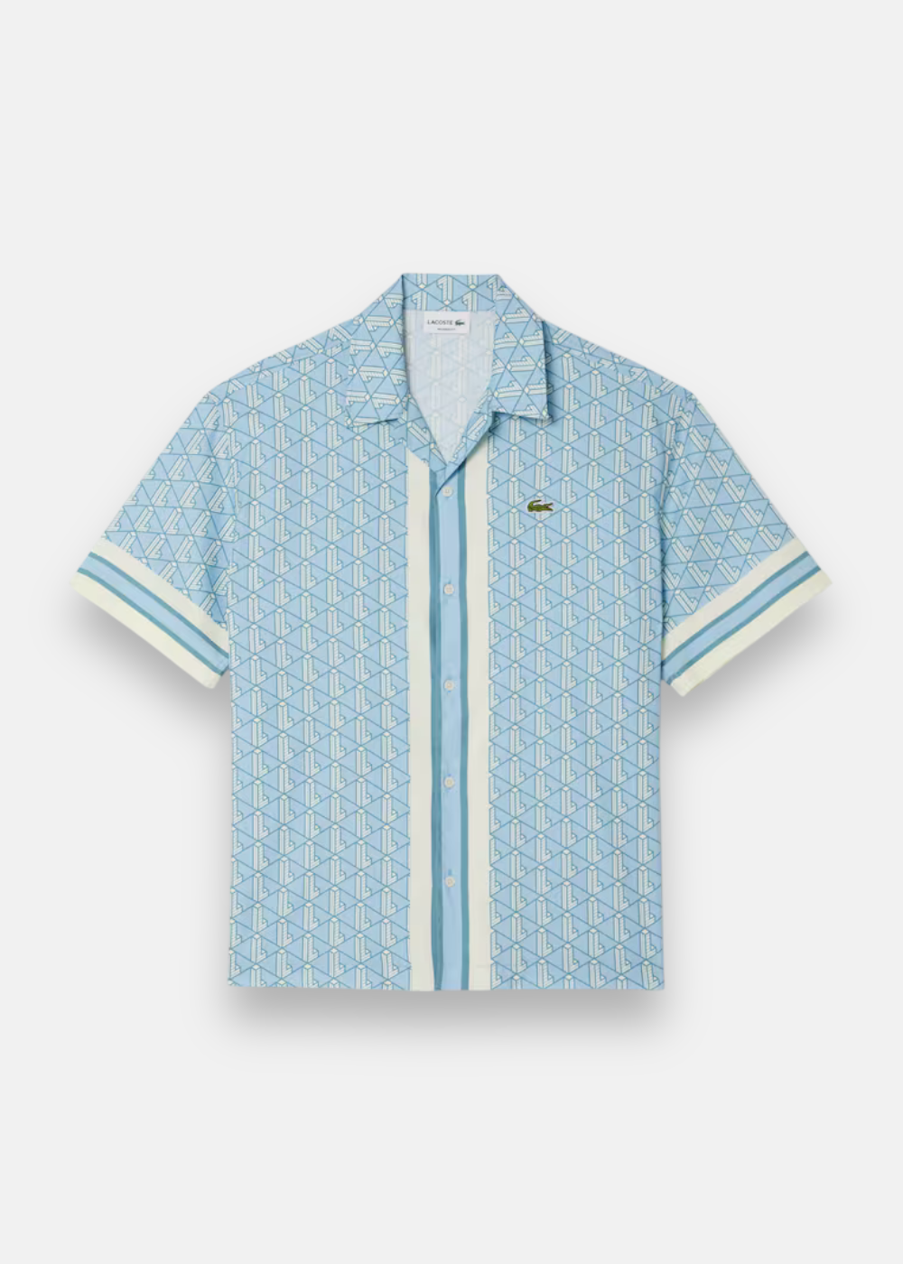 chemise Lacoste monogramme bleu et blanc cassé a plat