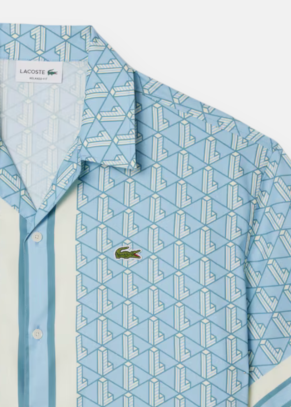 chemise Lacoste monogramme bleu et blanc cassé en détails