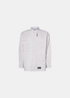 Chemise Oakley FGL Fuel Hydrofree DWR blanche à fines rayures grises, col officier, vue de face.