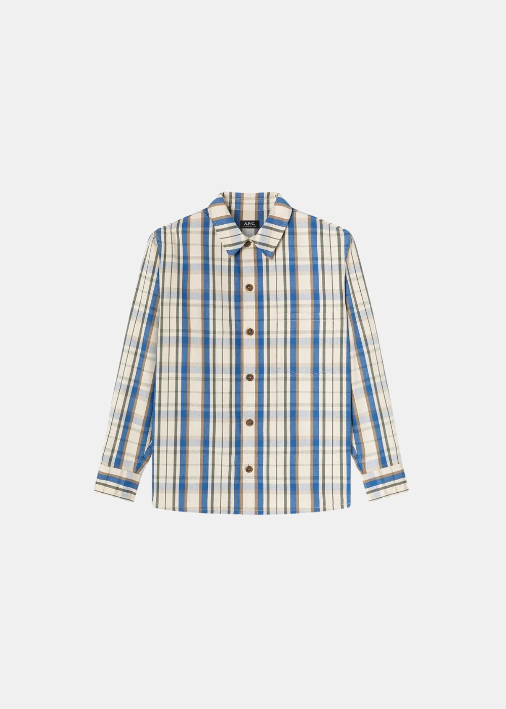 Packshot de face de la chemise Nathan A.P.C. à carreaux bleu, écru et marron, avec coupe droite et poche poitrine.