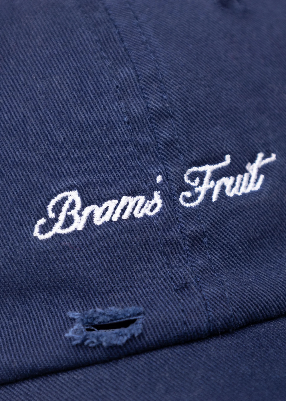 photo qui met en avant les détails du logo et du coton de la casquette bleue marine brams fruit logo script