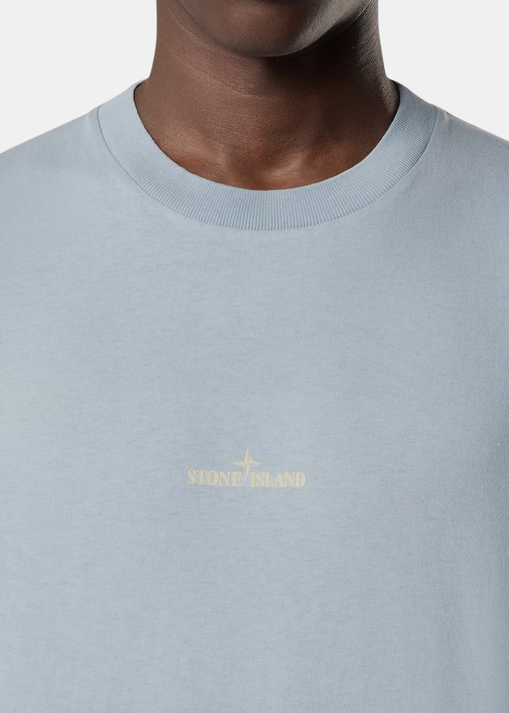 Gros plan sur le col rond et la poitrine du t-shirt gris cendré (9_2.jpg), mettant en valeur la finesse de l'imprimé textuel beige Stone Island.