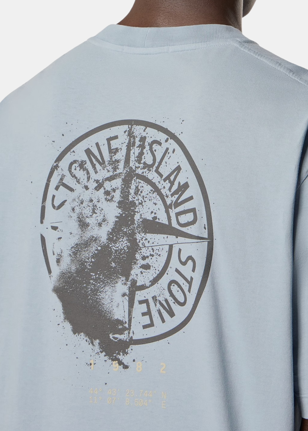 Gros plan de profil sur l'arrière de l'épaule du t-shirt gris cendré (10_2.jpg), révélant la texture du tissu et les détails graphiques de la boussole effet délavé.