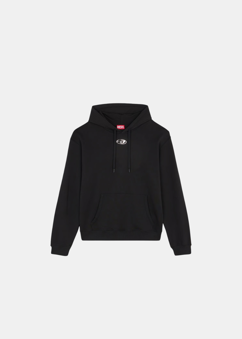 Packshot de face du sweat à capuche Diesel S-NORM noir présentant la poche kangourou et le logo métallique.