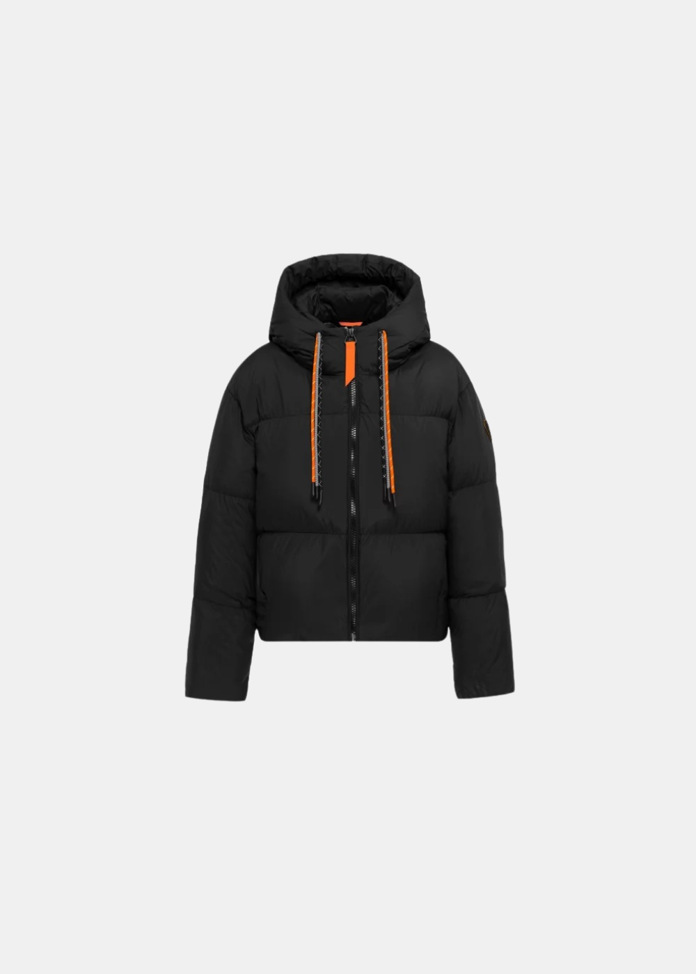 Doudoune courte à capuche Gertrude Lindsay noir mat avec cordons orange vue de face