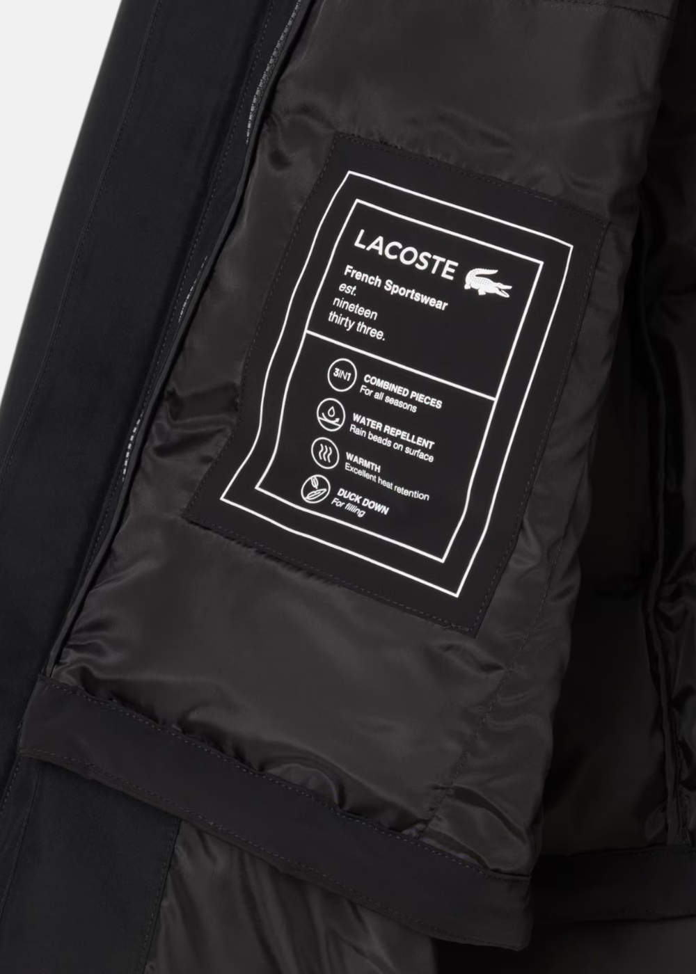 détail fiche technique à l'intérieur de la parka 3 en 1 noir lacoste pour homme