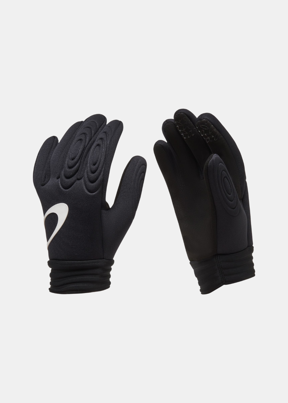 Paire de gants thermiques VTT Oakley Seeker 2.0 noirs montrant le dessus avec logo Ellipse blanc et la paume avec renforts
