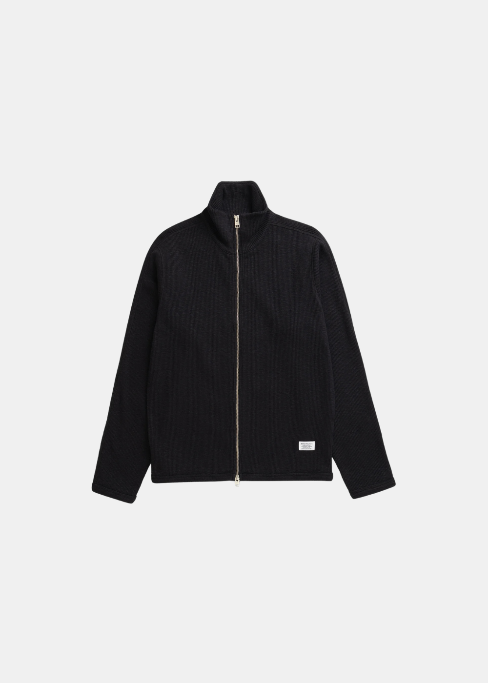 Gilet Homme Norse Projects noir en jersey côtelé avec double zip et col montant, vue de face.