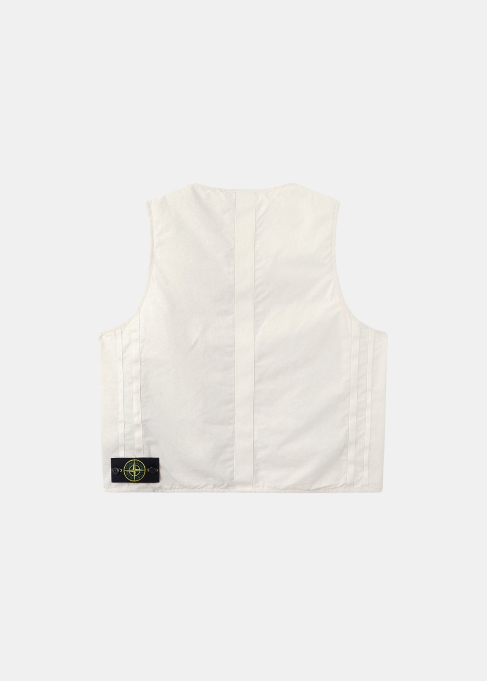 Gilet sans manches Stone Island blanc en ripstop, vue de dos avec patch compass cousu en bas à gauche