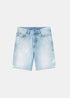 Homme - Short en denim bleu clair Diesel avec légers délavages et moustaches sur le haut des cuisses. Vue de face à plat.