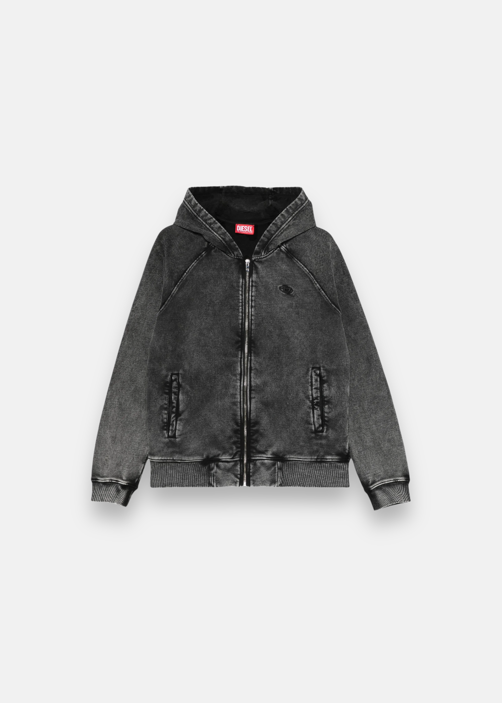 Hoodie zippé Diesel à capuche, coloris gris foncé effet usé avec logo brodé sur la poitrine, vue de face sur fond clair.