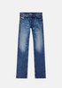 Jean bleu Diesel 1985 Larkee en coton régénératif avec un délavage subtil sur les cuisses, présenté à plat de face