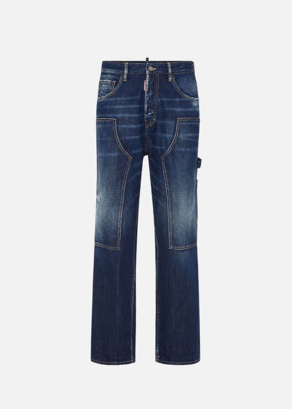 Jean Dsquared2 Carpenter bleu foncé à coupe droite avec empiècements style workwear sur les jambes, vu de face.