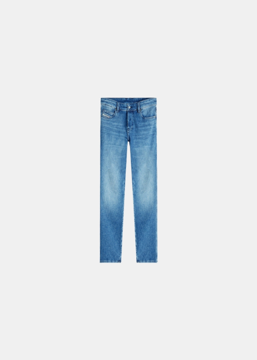 Packshot de face d'un jean slim bleu délavé Diesel D-vyl 1993 avec braguette boutonnée et taille naturelle.