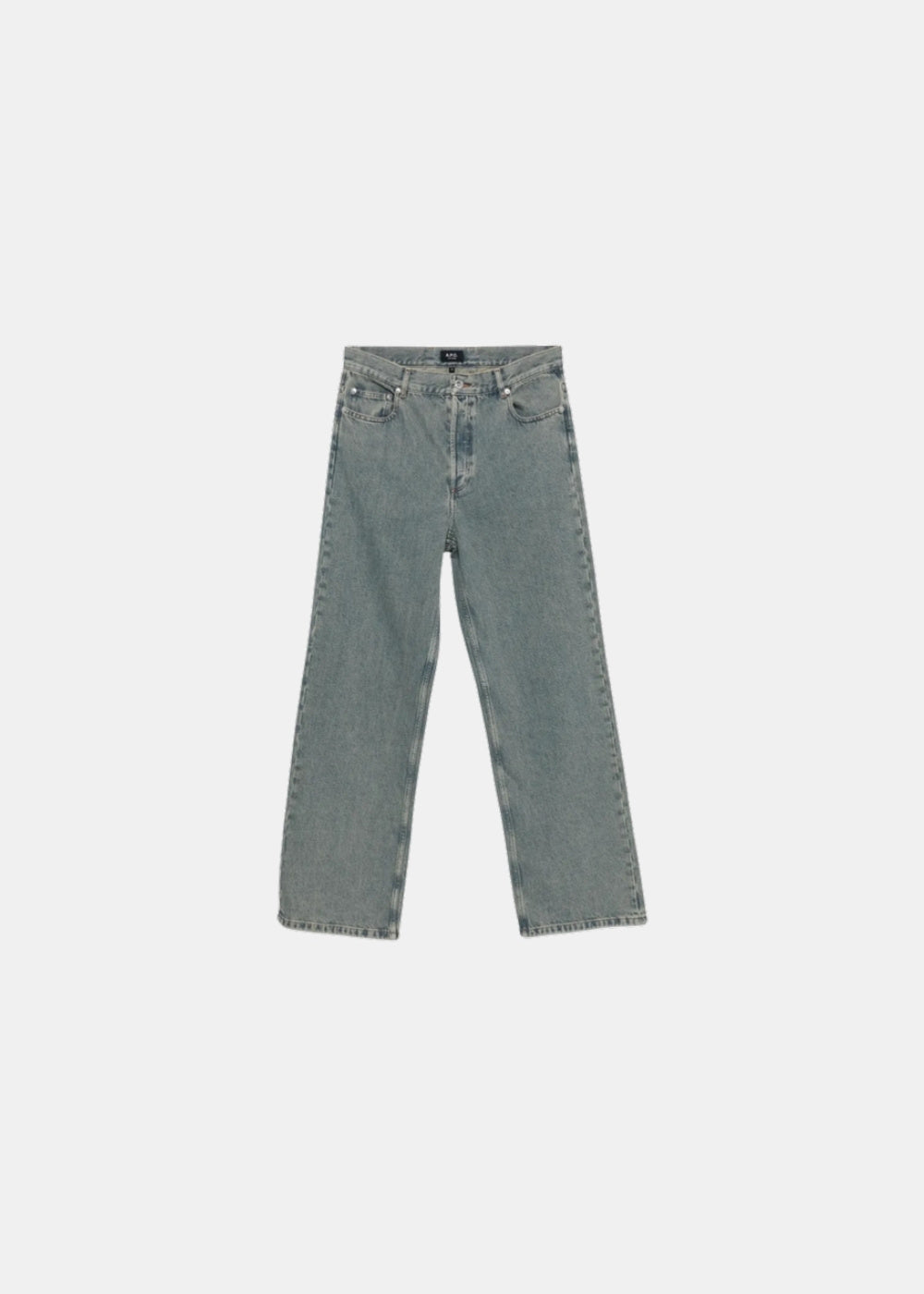 Packshot de face d'un jean A.P.C. IAL bleu indigo délavé, coupe droite cinq poches avec passants de ceinture.