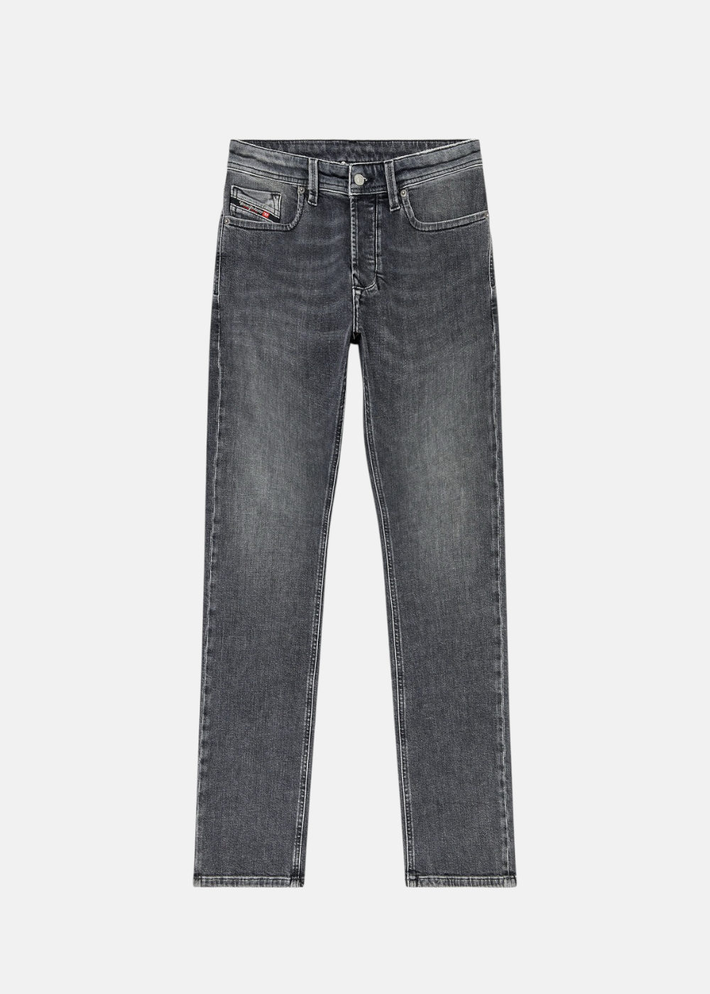 Jean Diesel 1985 Larkee regular taille basse gris délavé, à plat, vue de face.