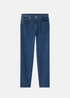 Jean unisexe A.P.C. modèle Fairfax en denim indigo délavé, coupe droite classique avec cinq poches, présenté à plat de face sur fond blanc.
