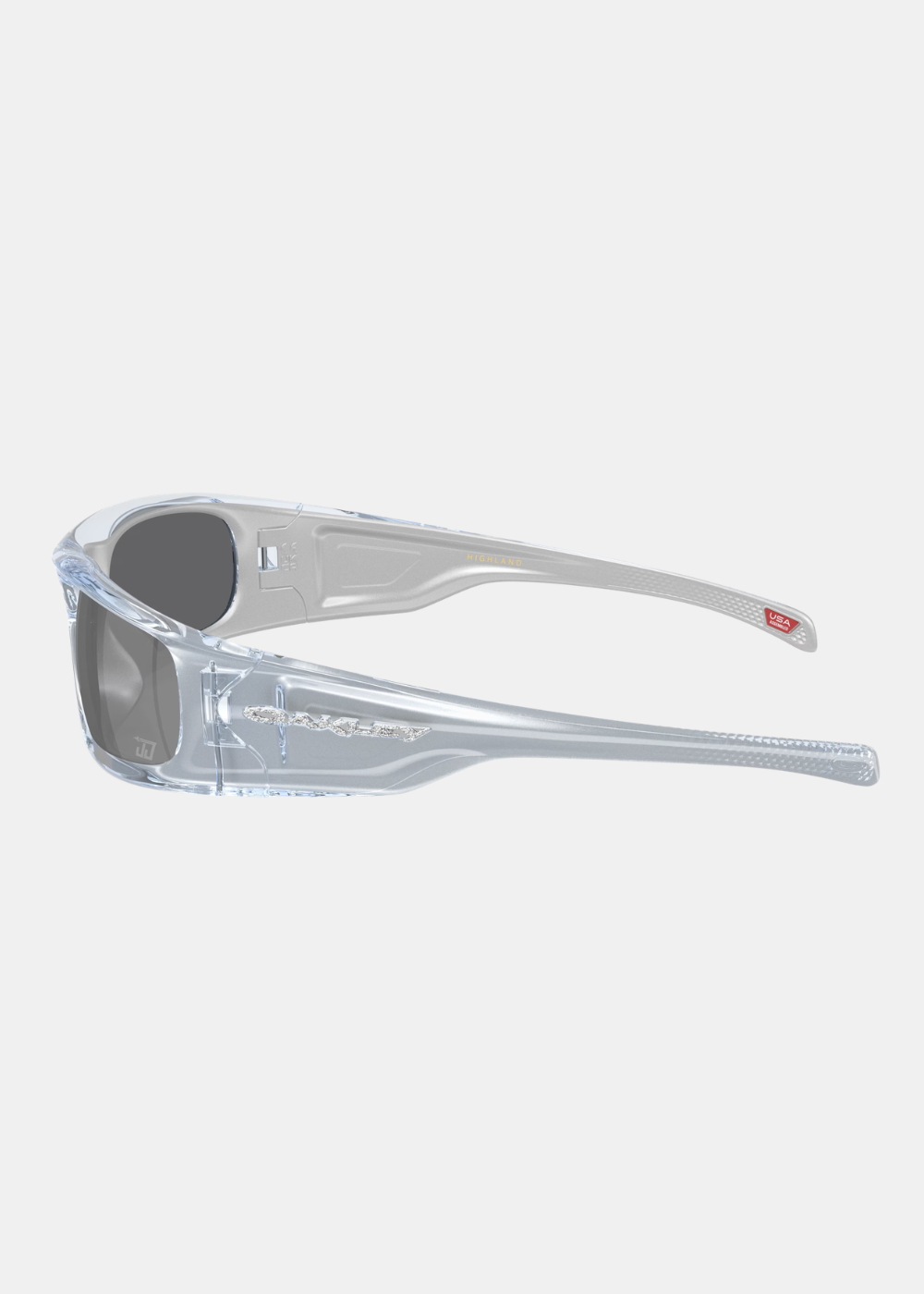 Vue de profil des lunettes de soleil Oakley Justin Jefferson Highland silver glass avec logo argenté sur la branche