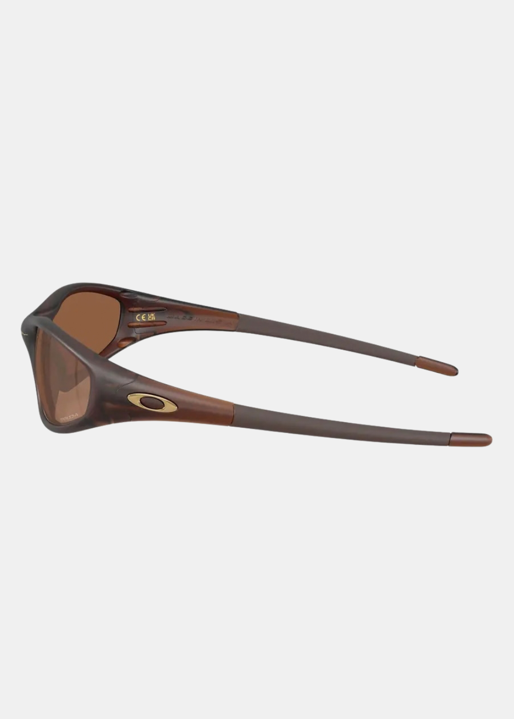Vue de profil des lunettes de soleil Oakley MUZM Straight Jacket 99 Matte Rootbeer avec logo doré sur la branche