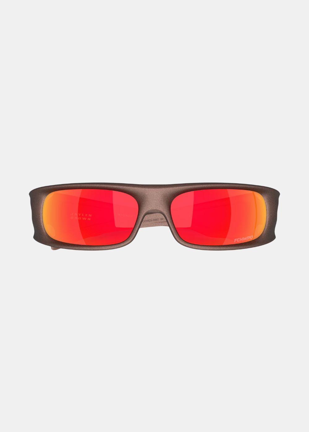 Lunettes Oakley Highland Jaylen Brown Signature de face, monture marron mate et verres miroirs rouges éclatants.