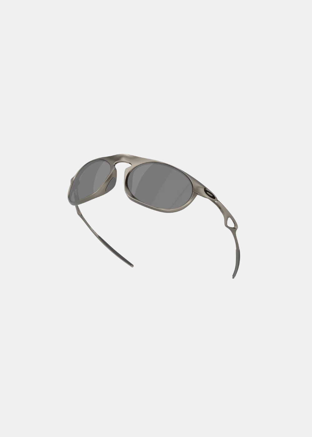 Vue en perspective et surélevée des lunettes Oakley Neo Jacket, soulignant le galbe de la monture métallique et la courbure ergonomique des branches