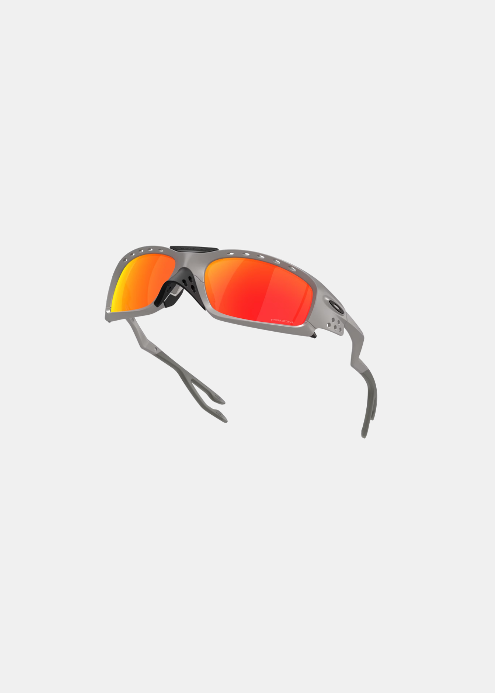 Vue en perspective et surélevée des lunettes Oakley Plantaris SQ, mettant en avant la courbure ergonomique de la monture argentée et le positionnement du pont nasal noir