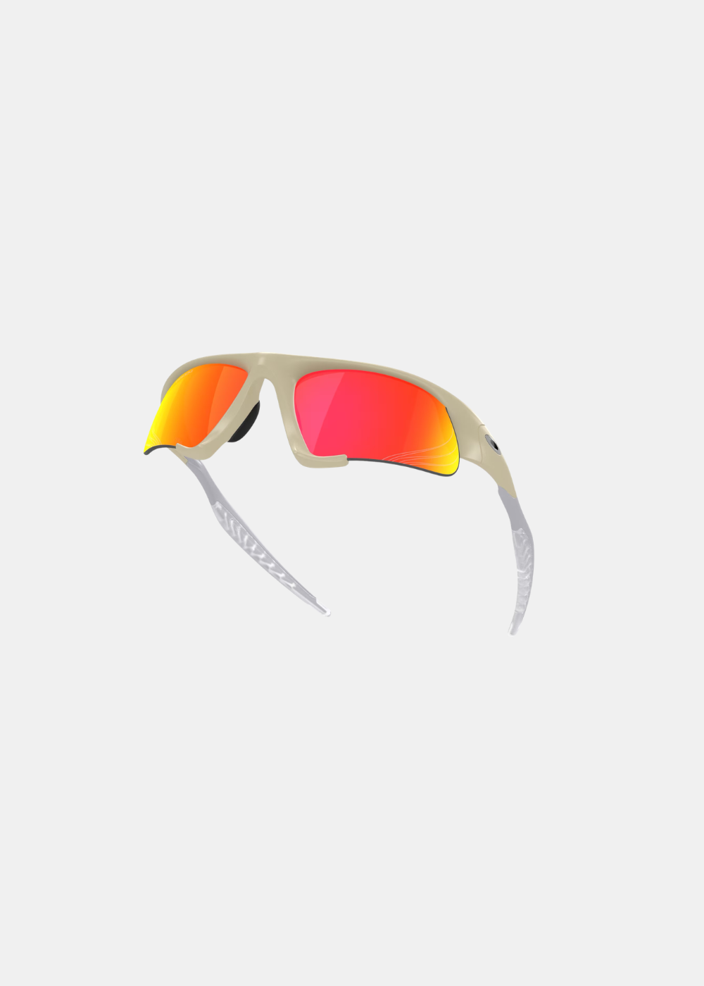 Vue en perspective et surélevée des lunettes Oakley Suture Jacket, soulignant l'ergonomie galbée de la monture beige, le pont de nez en caoutchouc noir et la courbure protectrice des verres