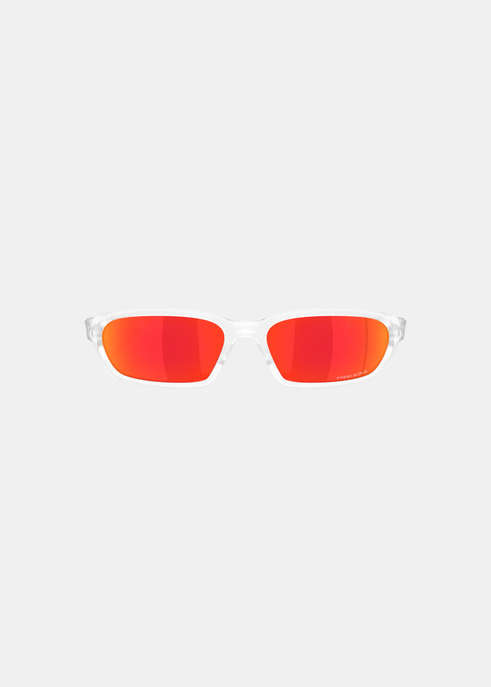 Packshot de face des lunettes Oakley Terraforma Translucide, illustrant la découpe rectangulaire et galbée de sa structure cristalline associée au reflet chaud et vibrant de ses verres miroirs Prizm