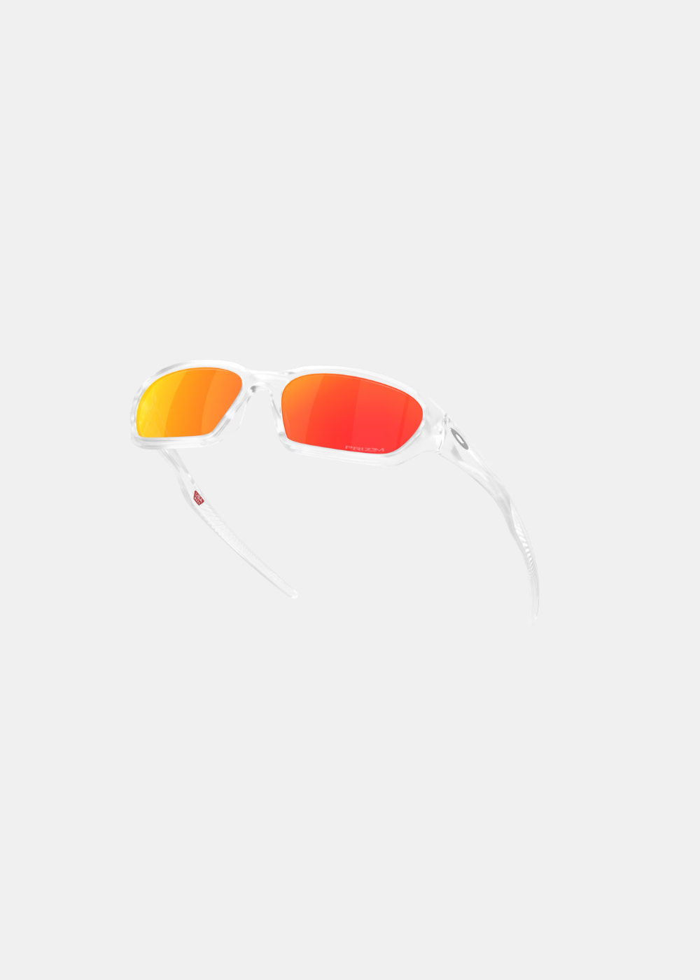 Vue en perspective et surélevée des lunettes Oakley Terraforma, soulignant l'ergonomie des branches translucides incurvées, le pont de nez intégré et le marquage rouge USA Made à l'intérieur de la branche gauche