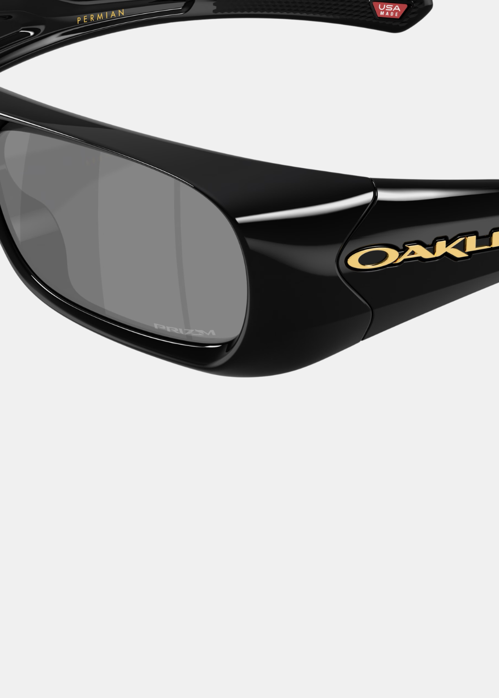 Gros plan sur le verre Prizm Black et le logo Oakley doré sur la branche de la monture Permian