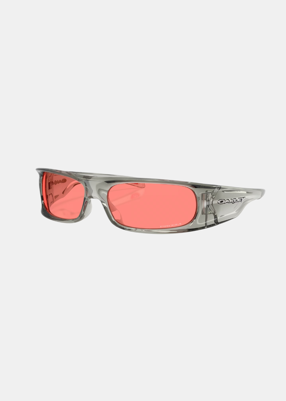 Vue de trois-quarts face des lunettes de soleil Oakley Highland avec monture grise translucide et verres roses.