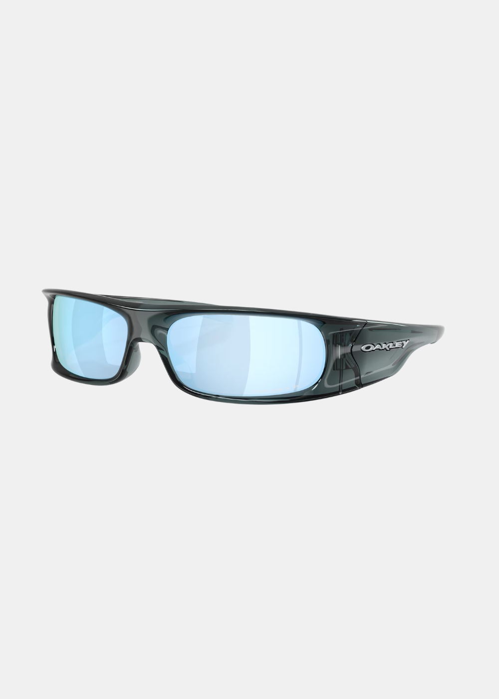 Lunettes de soleil Oakley Highland monture grise translucide et verres prizm deep water polarized de trois quarts