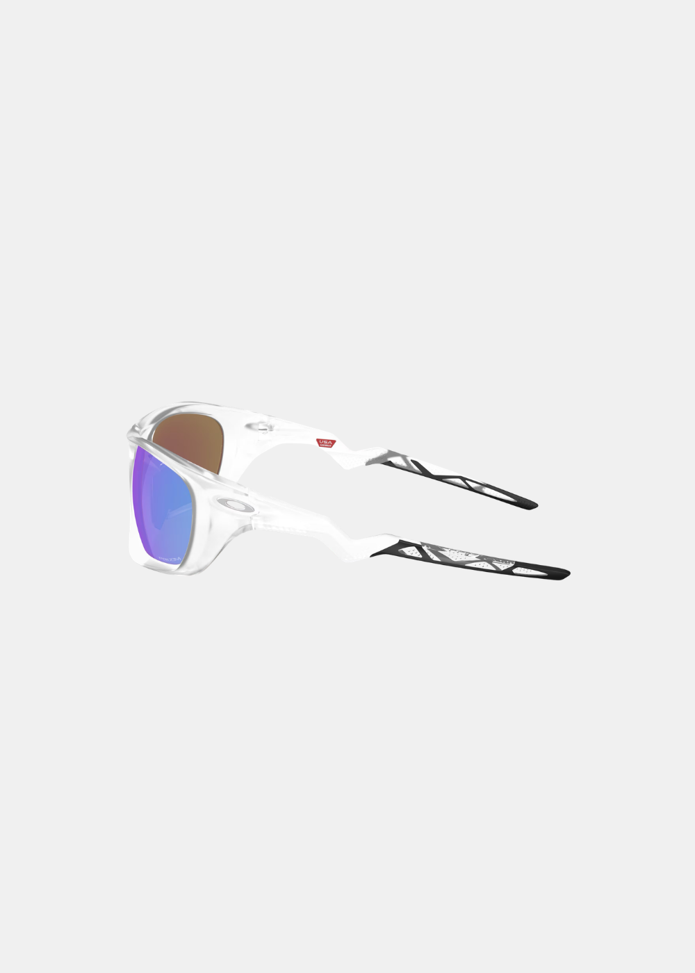 Packshot de profil de lunettes de soleil Oakley Lateralis transparentes montrant la structure géométrique des branches