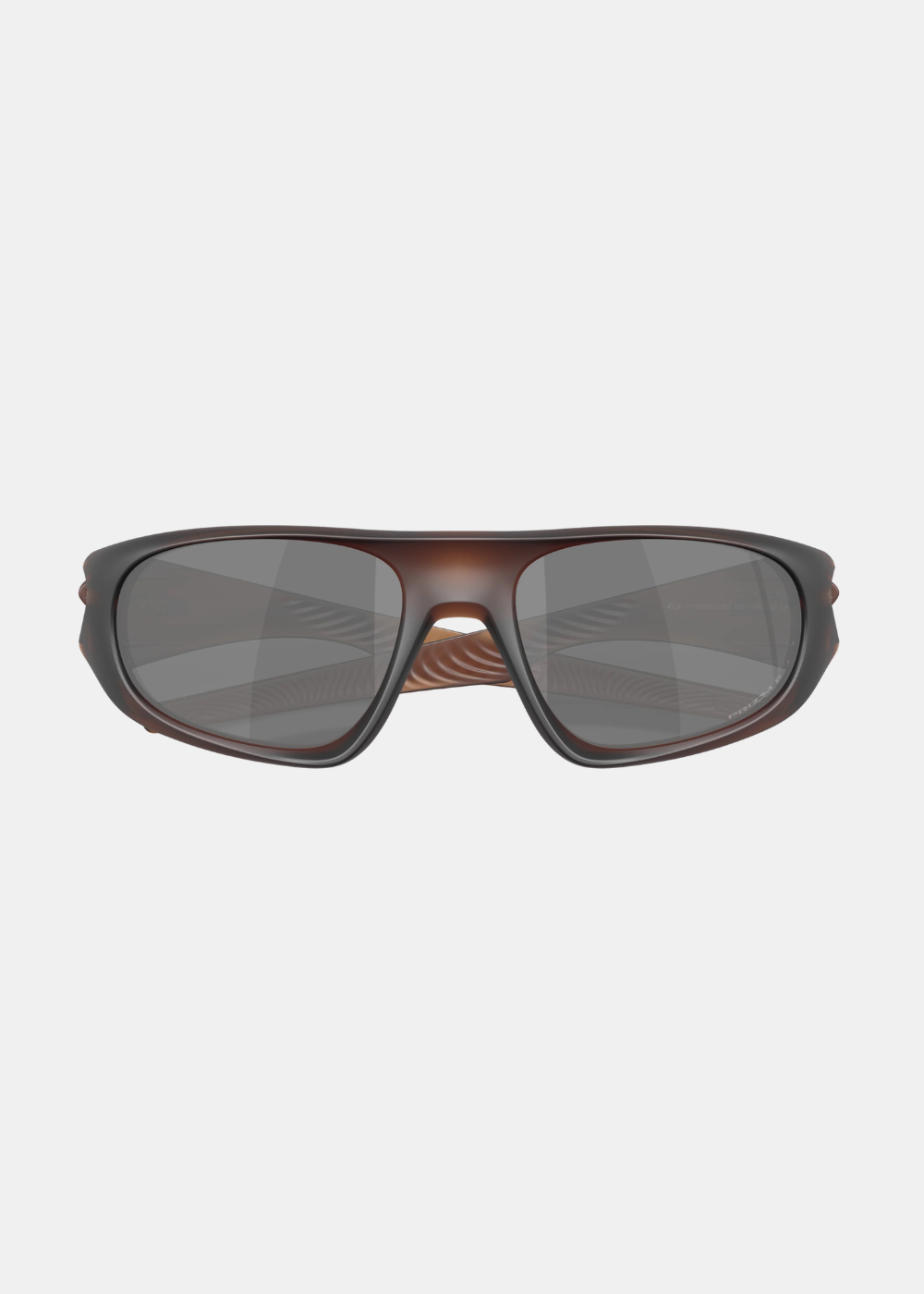 Vue de face légèrement en plongée des lunettes Oakley Neoforma marron laissant apparaître le design des branches.