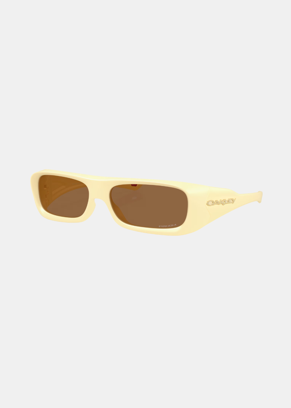 Vue de trois-quarts face des lunettes de soleil Oakley Permian avec monture jaune milkshake et verres Prizm Bronze.