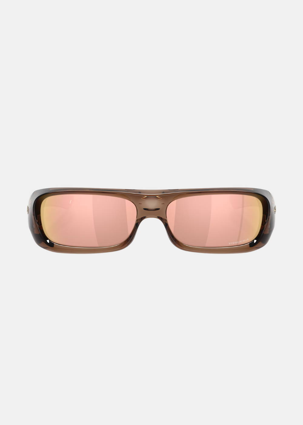 Vue de face des lunettes de soleil Oakley Permian à monture marron translucide et verres rectangulaires Prizm