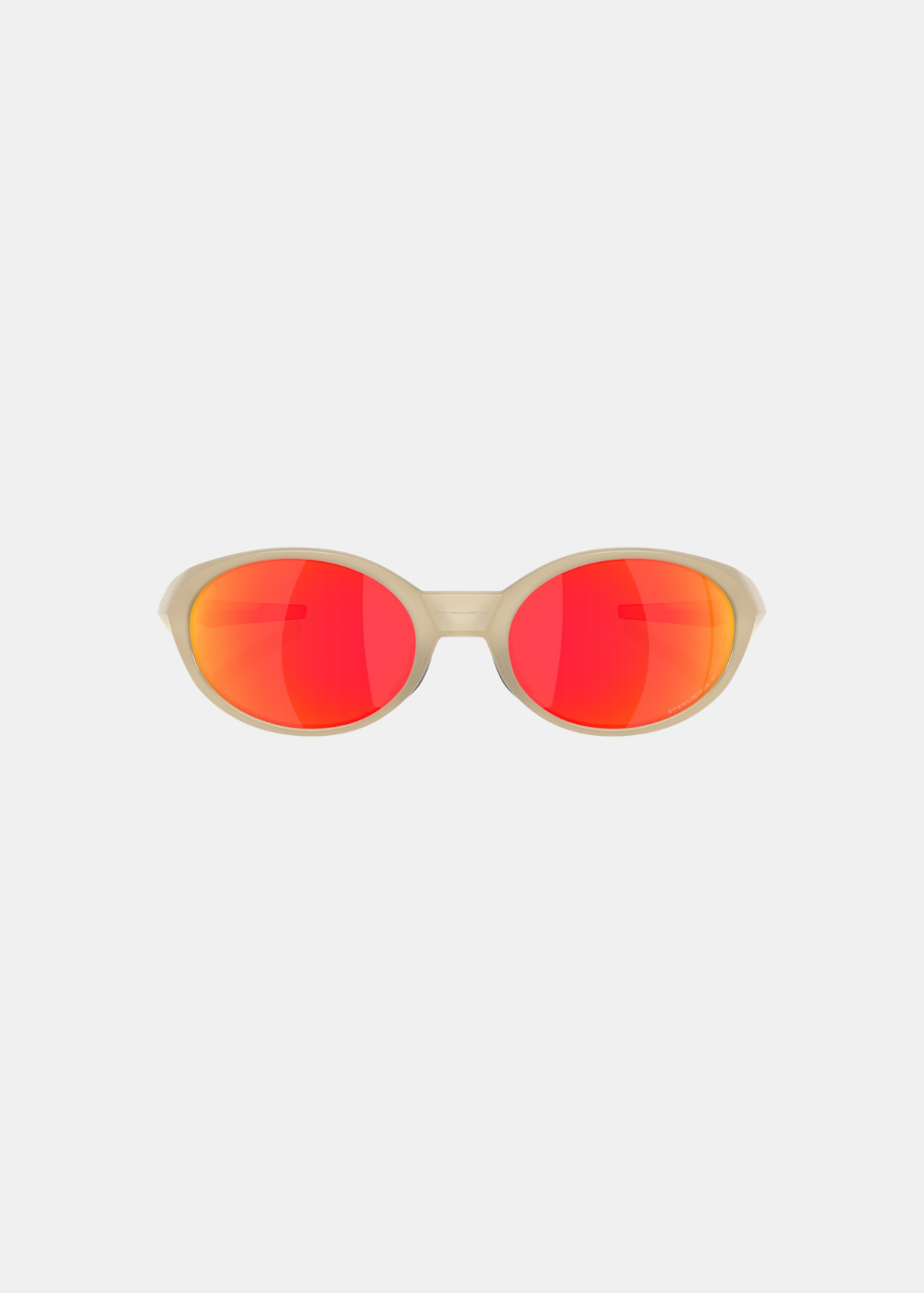 Vue de face des lunettes de soleil Oakley Eyejacket Redux montrant la monture ovale beige et les verres polarisés Prizm Ruby.