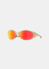 Vue de trois-quarts des lunettes de soleil Oakley Eyejacket Redux avec monture beige mat et verres miroir orange/rouge Prizm Ruby Polarized.