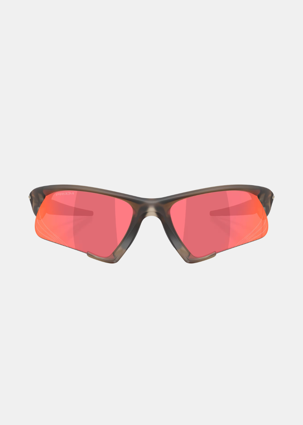 Vue de face des lunettes de soleil Oakley Suture Jacket montrant la monture en O Matter brun translucide et les verres Prizm Trail Torch.