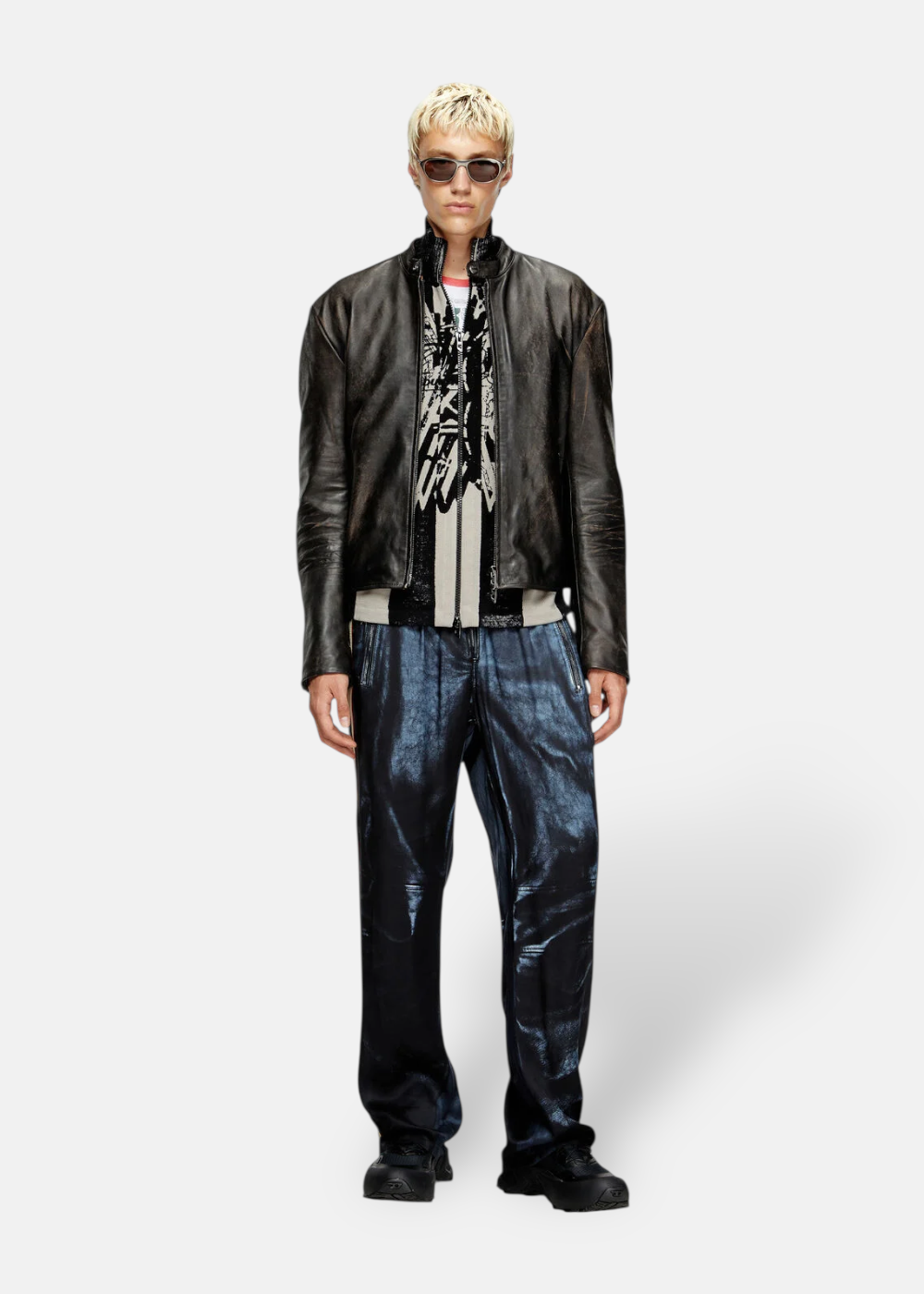 tenue complete avec la veste en cuir Diesel style motard effet vieilli