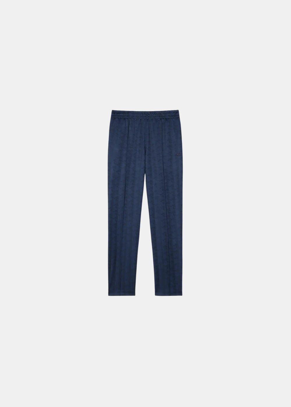 Packshot de face du pantalon de survêtement Lacoste bleu marine en maille jacquard à monogramme.