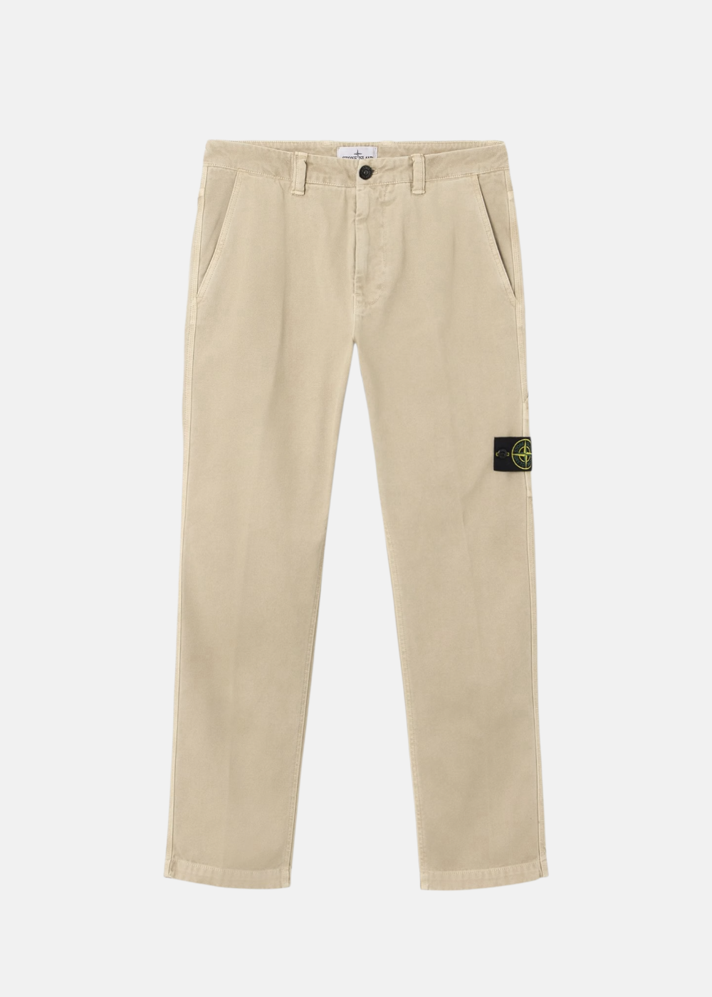 Pantalon Homme Stone Island beige effet old en coton Panama avec badge latéral, vue de face.