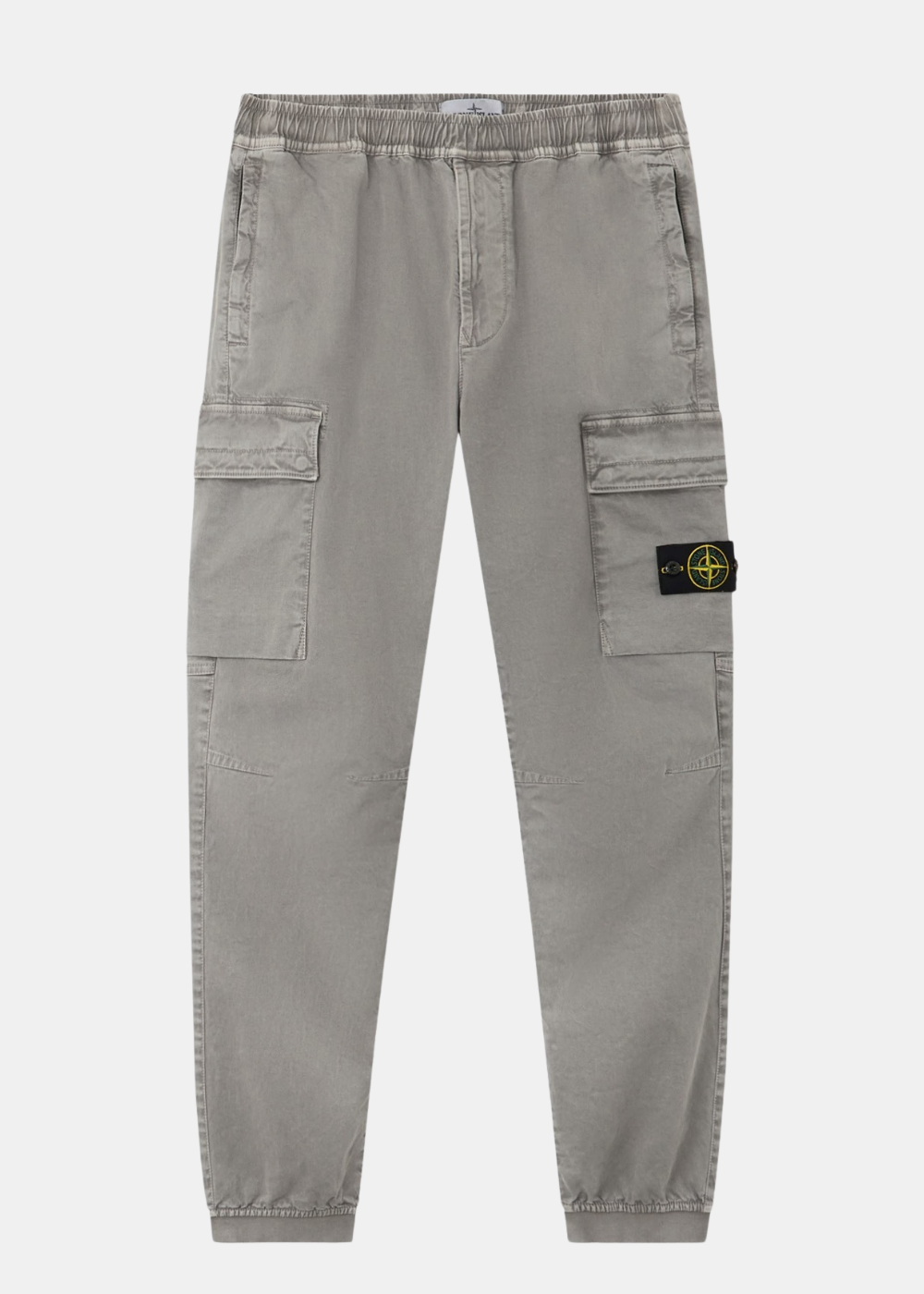 Packshot du pantalon cargo en broken twill OLD gris Stone Island avec chevilles élastiquées