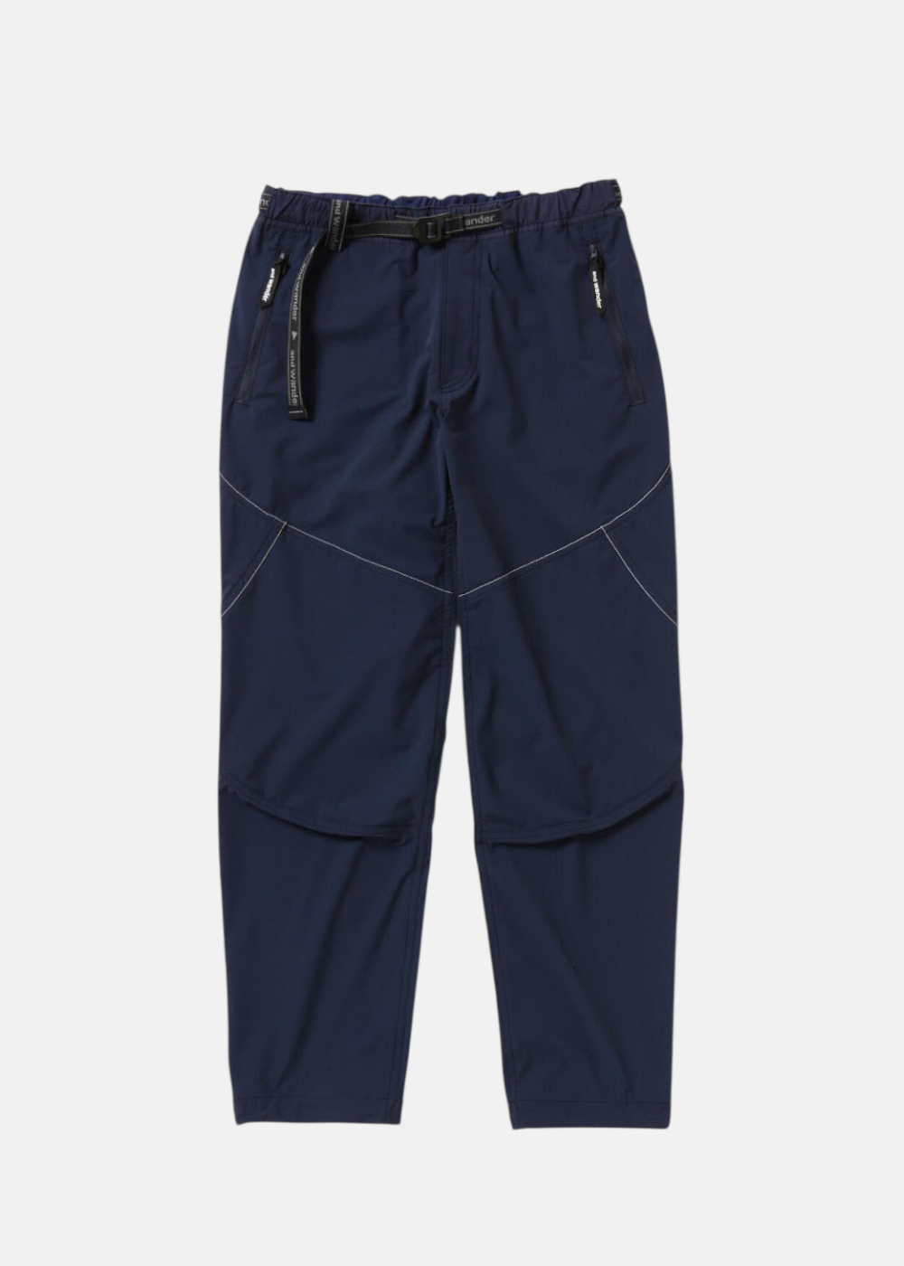 Pantalon de randonnée And Wander Stretch ZGRAV bleu marine, tissu stretch technique, coutures réfléchissantes et ceinture intégrée.