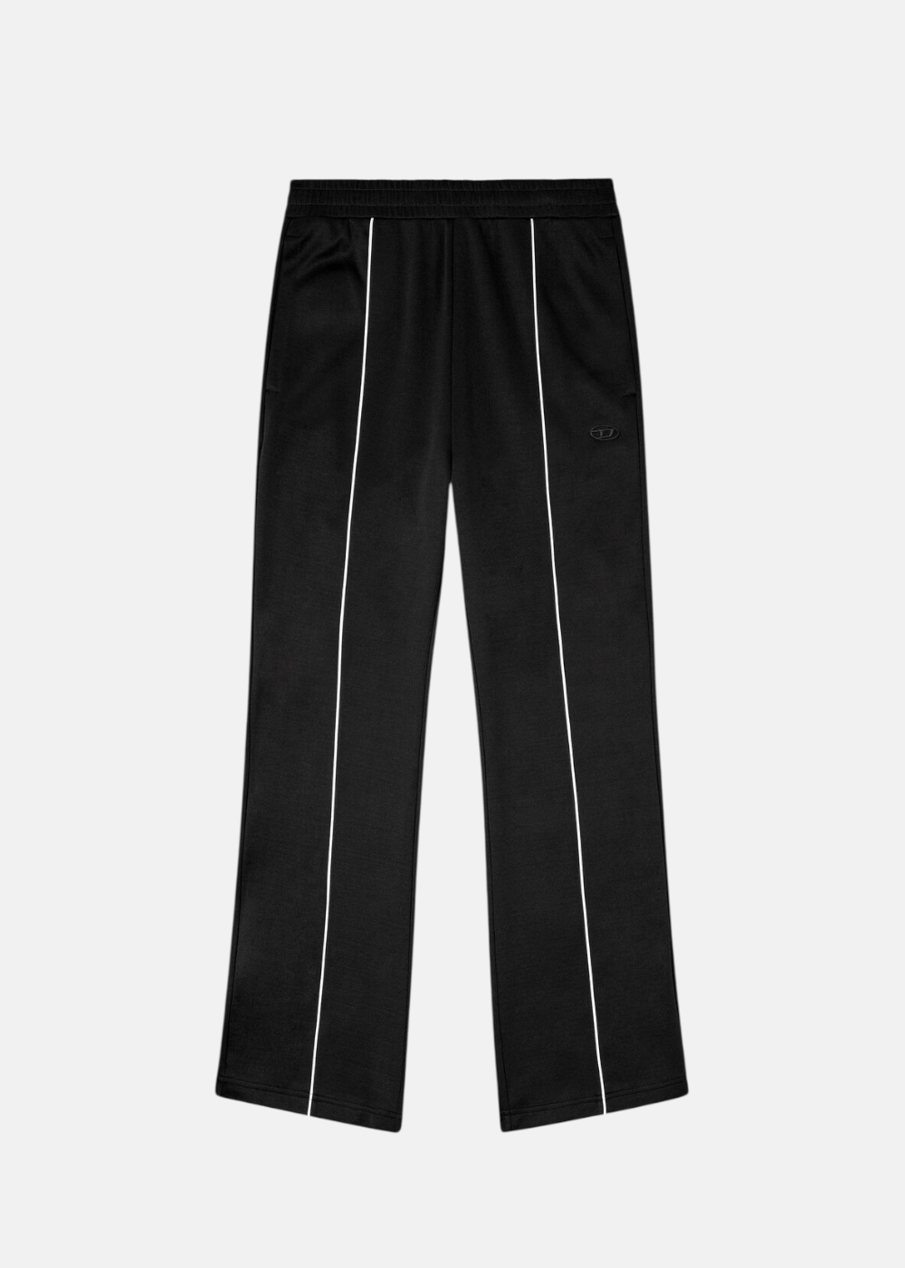 Packshot de face sur fond blanc du pantalon de survêtement noir Diesel à liserés blancs et coupe droite.