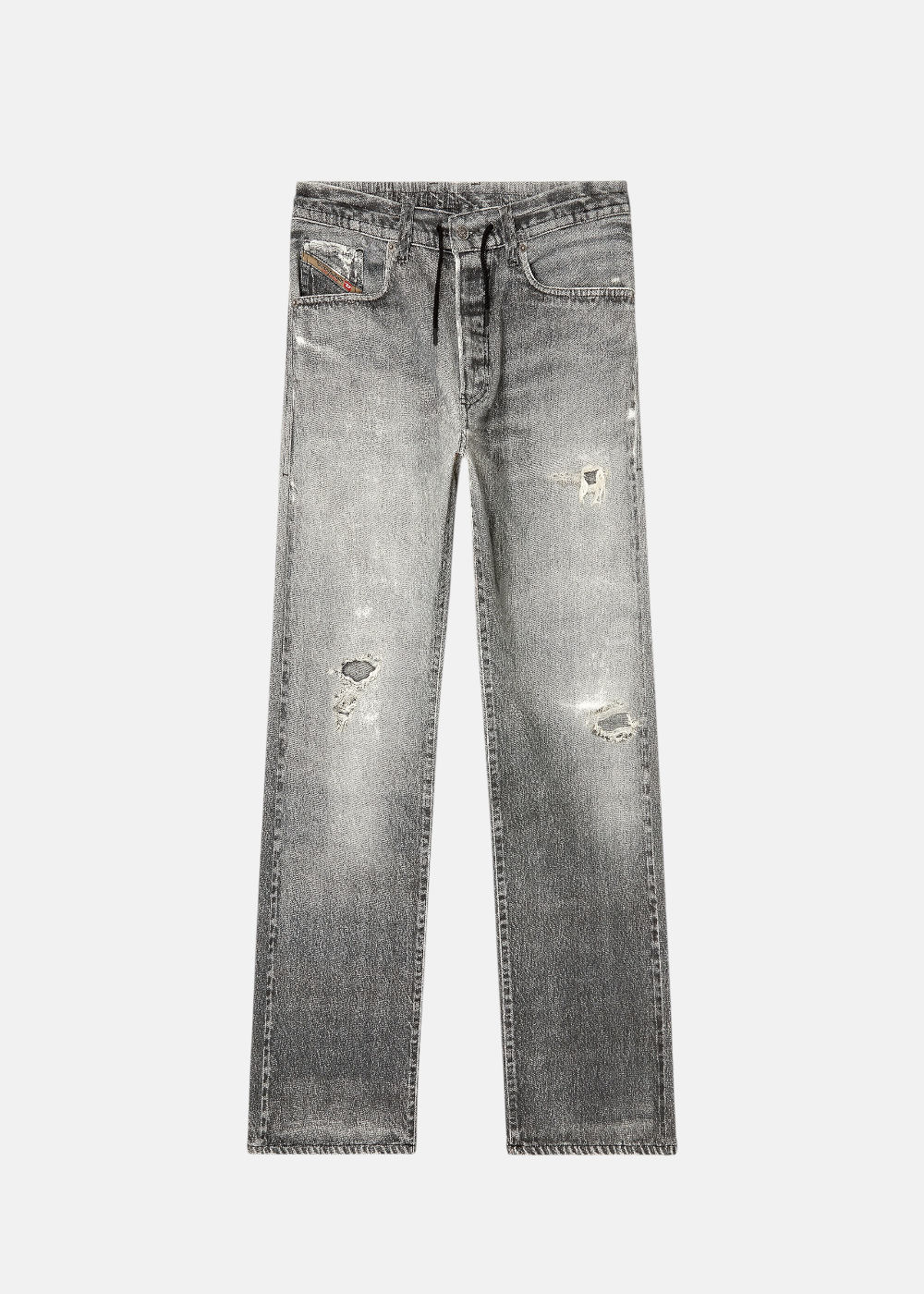 photo à plat sur fond blanc du Diesel D-Rell JoggJeans - cette photo montre sa coupe Relaxed Fit, sa couleur Grise et ses Effets Trompe-l'œil