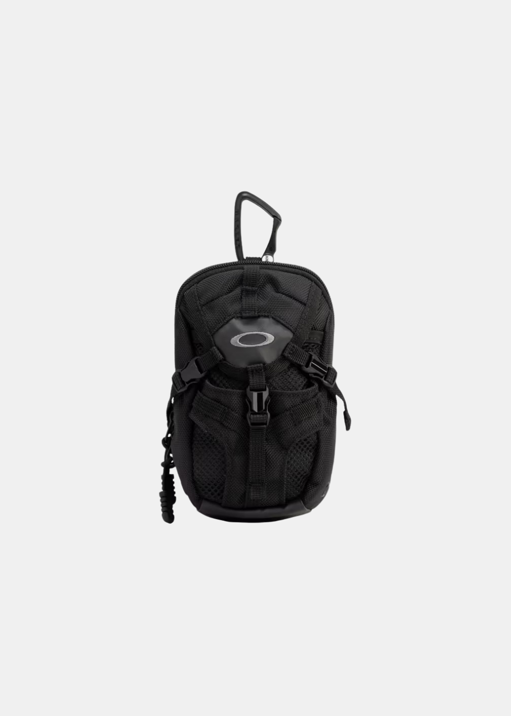 Packshot de face de la pochette tactique Oakley noire avec mousqueton et logo Ellipse